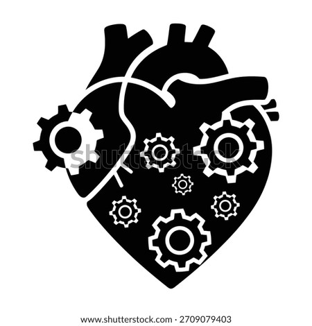 Icon showing human heart with gears. Mechanical system.