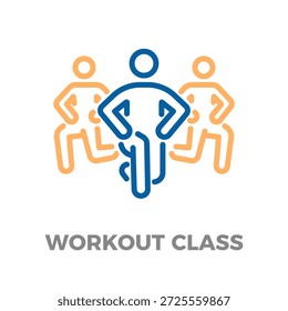 Icono que muestra a un instructor dirigiendo un grupo de personas haciendo una clase de entrenamiento, representando la forma física, el entrenamiento y la actividad saludable. Ilustración de icono de línea delgada de Vector con trazo editable