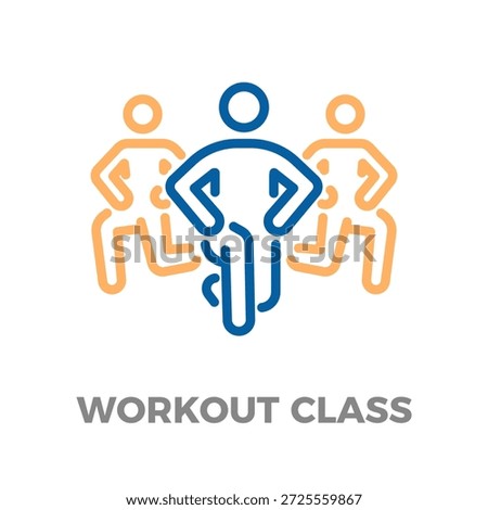 Icon showing an instructor leading a group of people doing a workout class, representing fitness, training, and healthy activity. Vector thin line icon illustration with editable stroke