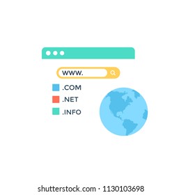 
An icon showing internet globe with site opening on screen with extensive name representing the concept of website domain.
