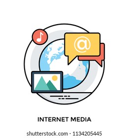 An icon showing landscape, internet sign, music symbol , all revolving around a globe offer internet media concept