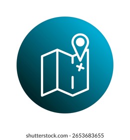 Un icono que muestra un mapa con un pin de ubicación en un fondo de círculo degradado azul, perfecto para viajes, navegación y proyectos basados en destinos.