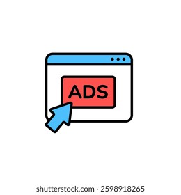 Icon showing an online ad with a clickable cursor, highlighting digital marketing strategies.