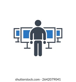 Icon showing person with multiple computer monitors for workstation