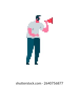 Icon showing a person using a megaphone in pixel style, ideal for fun or playful messages.