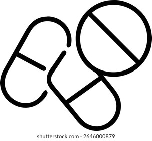 An icon showing pills and capsules, representing medication, healthcare, pharmacy, drugs, vitamins, supplements, and medical treatment.