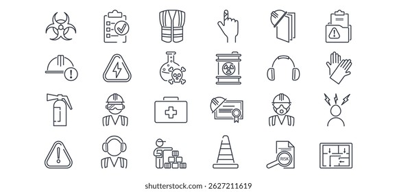 Icon showing safety, fire risk, and hazard management. Depicts accident equipment and workplace emergency protection. Linear vector for industrial use.