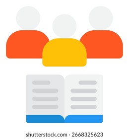 Icon showing three figures around an open book, symbolizing group learning and collaboration for education or community sites.