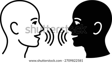 An icon showing two abstract human head profiles, one speaking with sound waves, the other listening. Illustrates concepts of communication, dialogue, conversation, and information exchange.