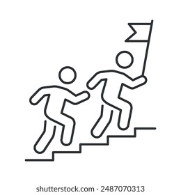 Icon showing two figures running up stairs with a flag, symbolizing teamwork and achievement. Vector illustration.