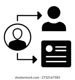 Icono que muestra un perfil de usuario que transfiere información a otro perfil y a un documento, simbolizando el intercambio de datos o de contactos.