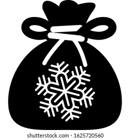 Icon shows a bag with Christmas gifts from Santa Claus. There is a big snowflake on the bag of Santa Claus. Pixel precise design. Suitable for all devices, SEO, SMM, UX