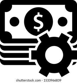 The icon shows the bills of dollars and a gear. Pixel precise design. Suitable for all devices, SEO, SMM, UX. Perfect for use in presentations, analytical reports, branding and many other