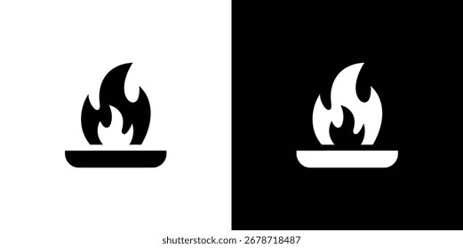Das Symbol zeigt ein einfaches Schwarz-Weiß-Design mit Flammen, die aus einem Behälter aufsteigen, perfekt für die Illustration von Verbrennungs- oder Feuer-Themen.