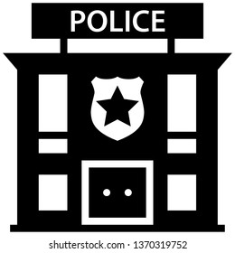 Icon shows a building of police. Pixel precise design. Suitable for all devices, SEO, SMM, UX. Perfect for use in presentations, analytical reports, branding and many other. Use it on any surface