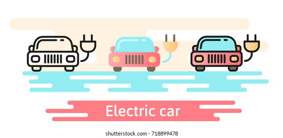 Icon shows a car with an electric plug. Linear, flat and material design concept.