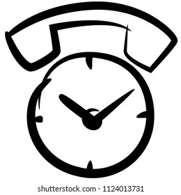 The icon shows a clock with a handset on top. Hand drawn. Call back. Call history. Suitable for all devices, SEO, SMM, UX. Perfect for use in presentations, analytical reports, branding
