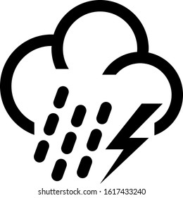 Icon shows a cloud and rain falling from the cloud and lightning. Pixel precise design. Suitable for all devices, SEO, SMM, UX. Perfect for use in presentations, analytical reports, branding
