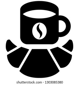 Icon shows a cup of coffee and a croissant or bagel. Pixel precise design. Suitable for all devices, SEO, SMM, UX. Perfect for use in presentations, analytical reports, branding and many other