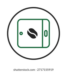 Um ícone mostra um sistema de pedido de grãos de café digital representado como um tablet estilizado com um símbolo de grãos de café em sua tela. O design minimalista transmite facilidade de uso e integração tecnológica para