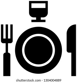 Icon shows fork, knife, plate and wine glass. Pixel precise design. Suitable for all devices, SEO, SMM, UX. Perfect for use in presentations, analytical reports, branding and many other