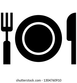 Icon shows fork, knife and plate. Pixel precise design. Suitable for all devices, SEO, SMM, UX. Perfect for use in presentations, analytical reports, branding and many other. Use it on any surface