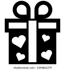 Icon shows a gift box with bow and hearts. Pixel precise design. Suitable for all devices, SEO, SMM, UX. Perfect for use in presentations, analytical reports, branding and many other