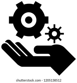 The icon shows a hand holding gears. Pixel precise design. Suitable for all devices, SEO, SMM, UX. Perfect for use in presentations, analytical reports, branding. Use it on any surface