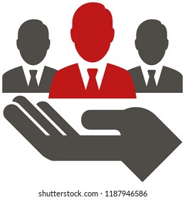 The icon shows a hand holding users. Pixel precise design. Suitable for all devices, SEO, SMM, UX. Perfect for use in presentations, analytical reports, branding. Use it on any surface