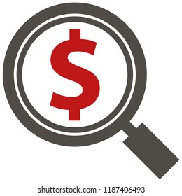 The icon shows a magnifying glass with a dollar sign in the center. Pixel precise design.  Suitable for all devices, SEO, SMM, UX. Perfect for use in presentations, analytical reports, branding