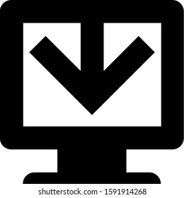 Icon shows a monitor of computer and an arrow pointing down on a monitor of computer. Pixel precise design. Suitable for all devices, SEO, SMM, UX. Perfect for use in presentations, analytical report