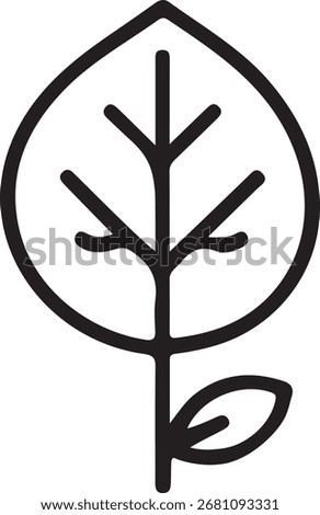 An icon shows a plant's leaf and stem in a minimalist style. The leaf is round with vein details, the stem is vertical with small leaf. The background is transparent.