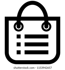 The icon shows a shopping bag with shopping list. Pixel precise design. Suitable for all devices, SEO, SMM, UX. Perfect for use in presentations, analytical reports, branding and many other