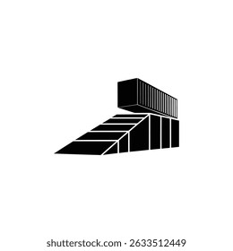Ícone mostra a construção da escada sob contêiner isométrico, apresentado em preto, isolado em um fundo transparente. Design vetorial simples.