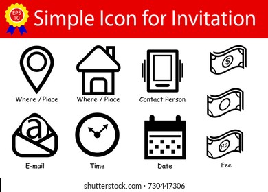 Icon Sign : Place, Time, Date, Contact, Fee, Email Address, Isolated on White 
