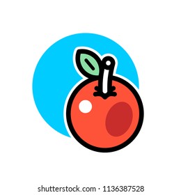 Icon, sign of stylized graphical apple, fruit. Isolated vector illustration. Black outline. Blue circle on background.