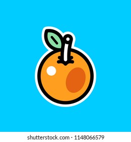 Icon, sign of stylized graphical orange fruit. Sticker style. Isolated vector illustration. Black contour and white outline. Blue background.