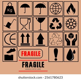 Icon, sign, symbol, caution, warning set cardboard box carton vector illustration