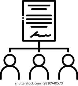 Icon of a signed document connected to multiple people below representing a legal will outlining inheritance distribution among family members