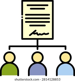 Icon of a signed document connected to multiple people below representing a legal will outlining inheritance distribution among family members