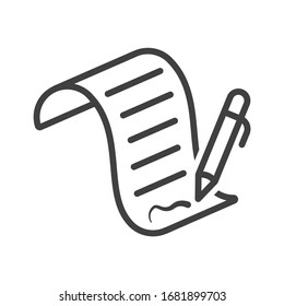 Icon signing a document with a ballpoint pen. Minimalistic linear design. Isolated vector on a white background.