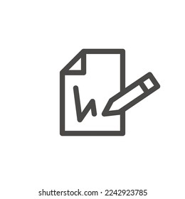 The icon for signing the document. A simple image of a piece of paper and a pen that puts a signature. Linear vector on a white background.