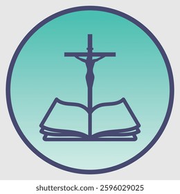 An icon with the silhouette of a crucifix and an open book at its base, representing the Bible.