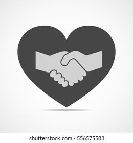 Icon silhouette of heart with handshake inside. Vector illustration. Handshake symbol. Charity and love.