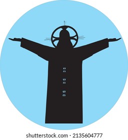 Icon silhouette Jesus Christ. Illustration of realistic Jesus Christ, welcome you with open arms. Vector illustration. Statue of Jesus Christ with outstretched arms in Vung Tau, Vietnam