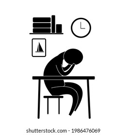 Icon silhouette of a man sitting on a chair with his head bowed in his hands.  Concept of unwillingness to work, loss of energy, depression, anxiety, lack of sleep, fatigue. 