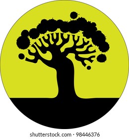 Icon.  Silhouette old tree in a circle. / Floral tree silhouette.