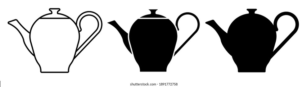 Ikone Silhouette von Teekanne zum Teekrinken. Frühstücksbesteck. Schwarz-Weiß-Vektorgrafik