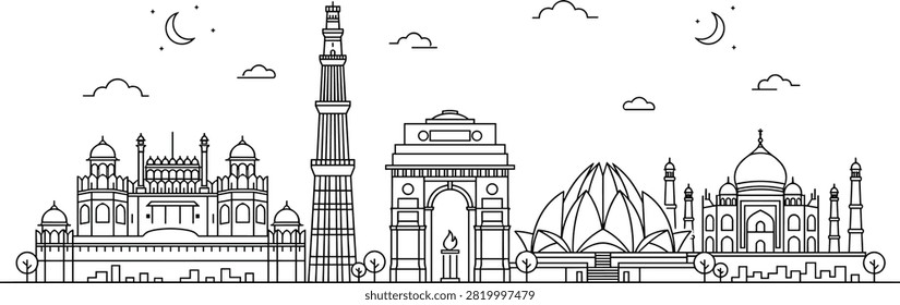 Icon silhouettes of famous Indian monuments.
