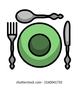 Icon Of Silverware And Plate. Editable Bold Outline With Color Fill Design. Vector Illustration.